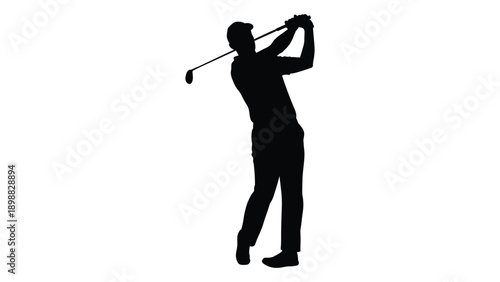 Silhouette of a golfer completing their swing against a white background