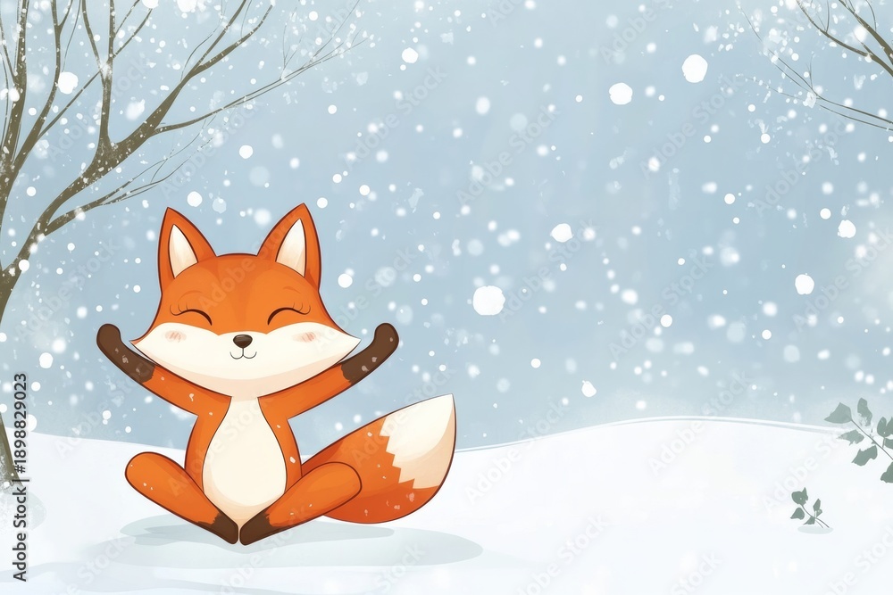 Fototapeta premium Cute cartoon fox showing yoga tree pose in snow during winter with space for kids wellness banner