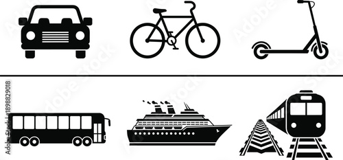 Silhouettes of personal and public transportation including car, bicycle, scooter, bus, cruise ship, and train