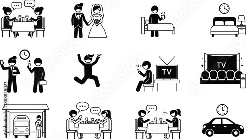 Black-and-white icons of everyday human activities including socializing, commuting, entertainment, and rest in 3x4 grid layout