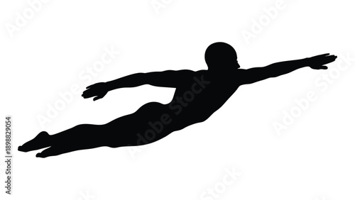 A dynamic silhouette of a person in a superhero flying pose against a white background