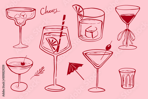 Hand-drawn cocktail illustrations on pink background with cheerful theme