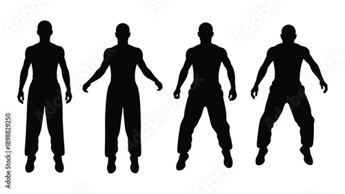 Four silhouetted figures of people in dynamic poses against a white background