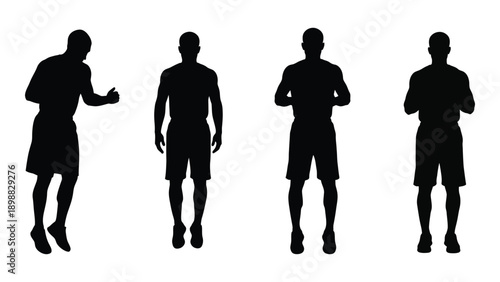 Four silhouetted figures of men in shorts showcasing different poses and forms