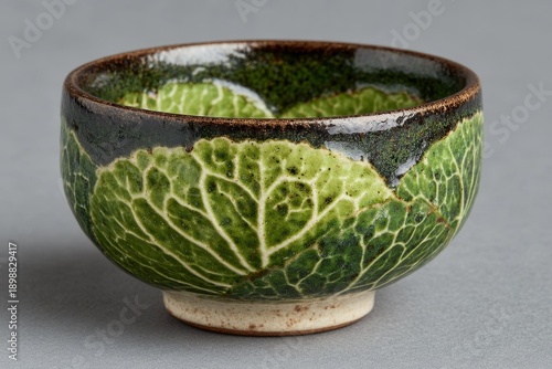 Modern ceramic bowl with green leaf motif and textured glaze, ideal for eco-friendly kitchen or home decor concepts