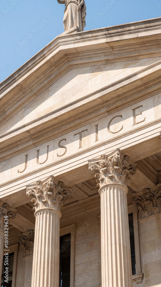 Naklejka premium The facade of a grand courthouse or government building features the word JUSTICE carved above classical columns, representing the legal system and rule of law