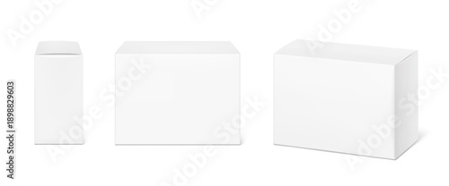 Realistic closed cardboard box mockup. Vector illustration isolated on white background. Taking your 2D designs into 3D. Can be use for medicine, food, cosmetic and other. EPS10.