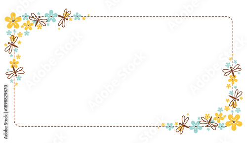 Cute floral decorative frame with small flowers and butterflies arranged around a square border