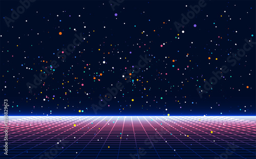 Futuristic space background with glowing neon grid floor and colorful particles in a dark starry scene. Sci fi style backdrop suitable for technology