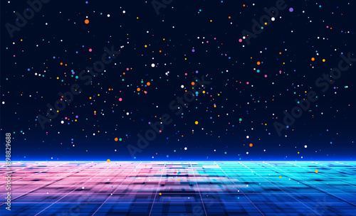 Futuristic space background with glowing neon grid floor and colorful floating particles under a dark starry sky. Sci fi digital backdrop suitable for technology, gaming, and modern creative projects.