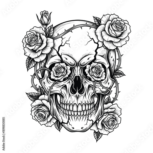 Skull with Roses Gothic Illustration