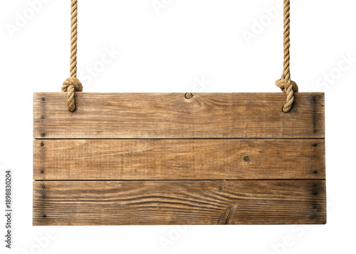 rustic wooden plank sign hanging by ropes isolated on a transparent background.