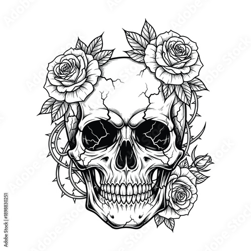 Skull with Roses Gothic Illustration