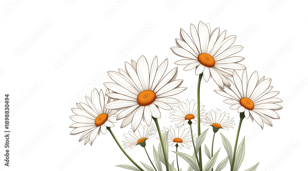 Fototapeta premium A beautiful arrangement of white daisies with bright orange centers, creating a fresh and cheerful atmosphere.