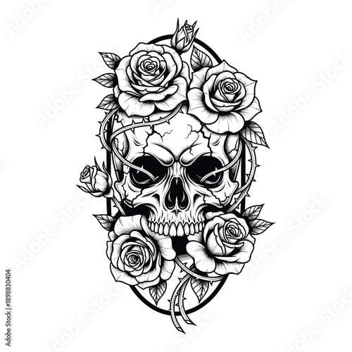 Skull with Roses Gothic Illustration