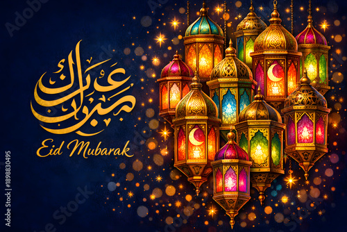 Colorful eid mubarak lanterns with arabic calligraphy and sparkling bokeh lights create a festive scene