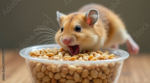 Excited hamster diving into oversized bowl of mixed seeds