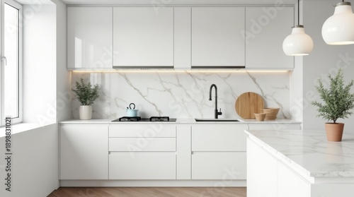 Modern minimalist kitchen with marble backsplash white cabinets 3D render