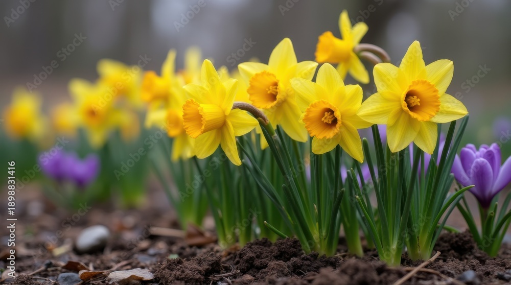 Obraz premium Yellow daffodils emerging from thawed earth with violet crocuses nearby