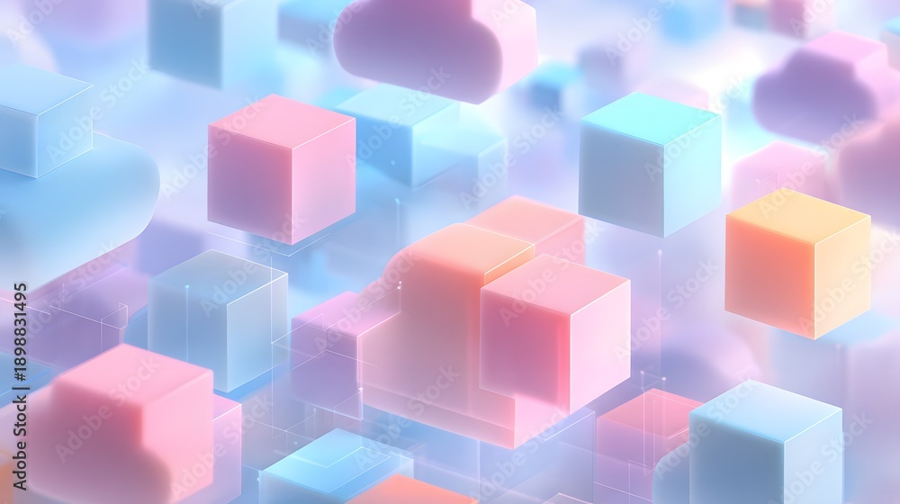 Fototapeta premium Abstract 3D Glowing Colorful Cubes Floating Above White Fluffy Clouds.