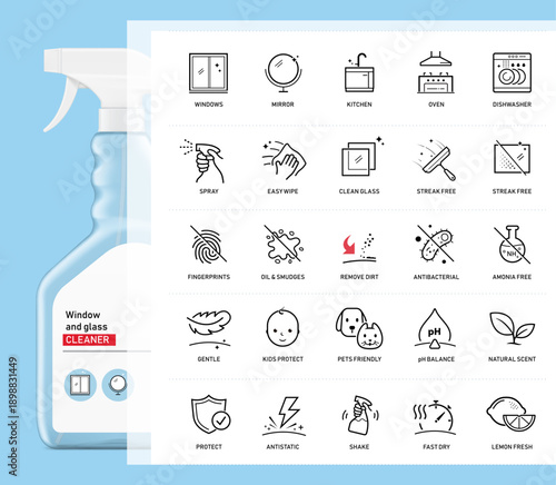 Set icons for window and glass cleaner. The outline icons are well scalable and editable. Contrasting elements are good for different backgrounds. Can be used for cleaning products, chemicals. EPS10.