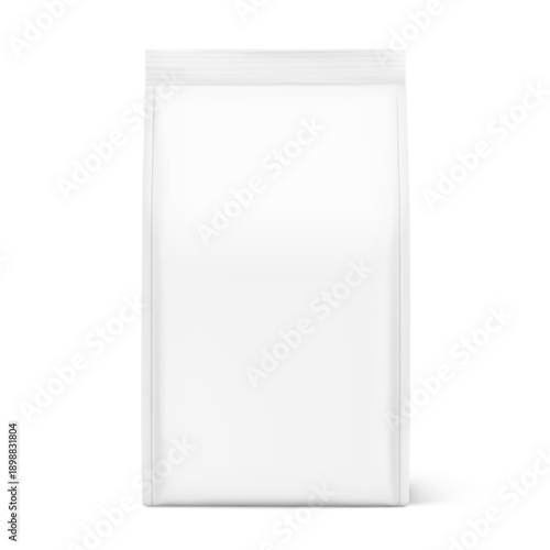 Vertical flat bottom gusset bag mockup for food, sport nutrition. Front view. Vector illustration isolated on white background. Can be use for template your design. EPS10.