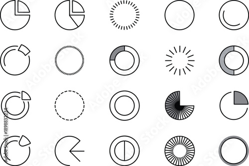 Graphic set of loading circle progress bar icons for website data interface
