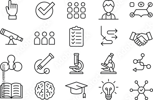 Academic education and scientific research line icons for learning projects