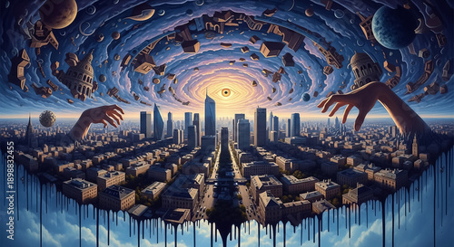 Omnipresent Eye and Giant Hands Overseeing a Melting Urban Cosmos