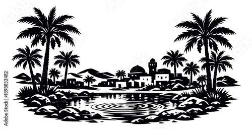 Silhouette illustration of a desert oasis village depicting a tranquil landscape with palm trees and water for travel and nature themes