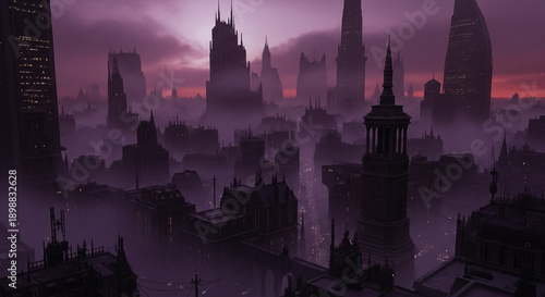 Mysterious Purple Dystopian Cityscape at Twilight