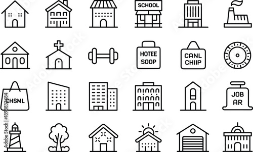 Buildings and real estate icons set vector illustration, various architectural structures