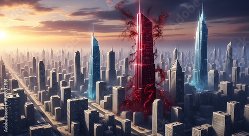 Futuristic Cityscape: Duality of Power with Red Energy and Blue Light Skyscrapers