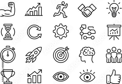 Set of vector line icons such as muscle, chart, running, handshake, light bulb