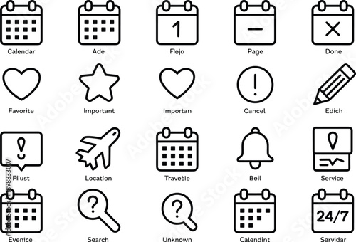 Set of calendar, date, event, schedule, and time management icons