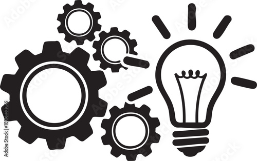 Interconnected gears rotate alongside a brightly glowing lightbulb, symbolizing ideas, innovation, and mechanical processes in a monochrome illustration, representing collaborative problem-solving.