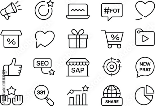 Set of marketing line icons, business online promotion, seo, social media