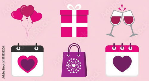 Valentines day icons balloons, gift box, wine glasses, calendars, and shopping bag on a pink background.