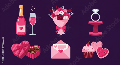 Valentines day romantic gifts collection champagne, flowers, ring, chocolates, love letter, and cupcake icons on dark background.