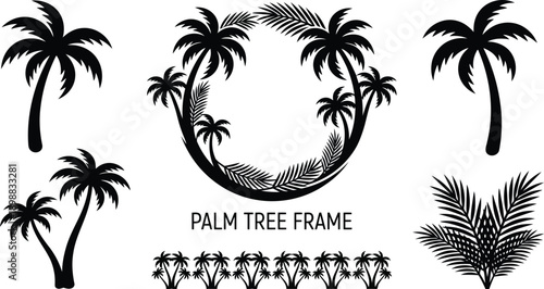 A collection of black silhouette palm tree illustrations including a circular frame and various single trees and foliage elements isolated on transparent background