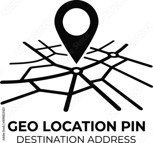 Black and white graphic illustration of a geolocation pin marker icon placed on a simplified map grid indicating destination address search and navigation