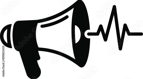 Black silhouette of a megaphone projecting a sound wave or pulse symbol isolated on a transparent background representing sound or announcement