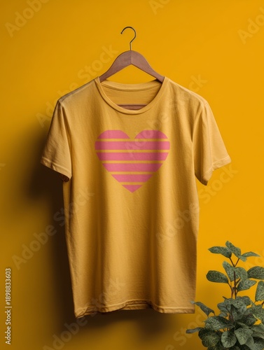 Yellow T-shirt with a heart.