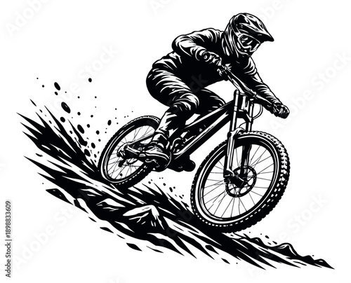 Bold line art illustration of a mountain biker depicting riding downhill through dirt for extreme sport