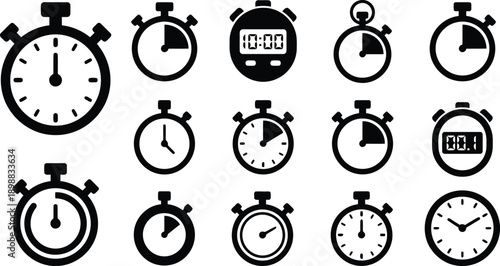 Collection of diverse stopwatch icons representing different timekeeping mechanisms and styles on a clean white background