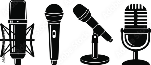 Collection of diverse vintage and modern microphones isolated on transparent background for audio recording and performance concepts