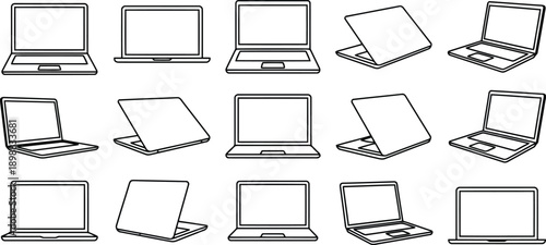 Collection of Fifteen Stylized Line Art Illustrations of Open and Closed Laptops Displayed in Various Angles and Perspectives isolated on transparent background