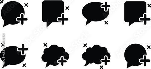 Collection of eight different black speech bubble icons with a plus sign overlay isolated on a transparent background representing communication and adding messages