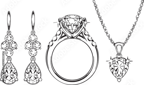 Diamond jewelry set illustration featuring an engagement ring, dangle earrings, and a pendant necklace, showcasing intricate designs for luxury accessories.
