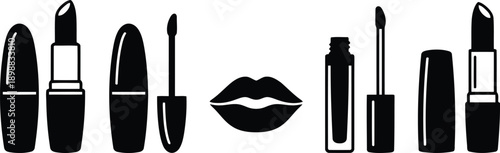 Collection of lipstick and lip gloss icons symbolizing beauty and cosmetic products for makeup application